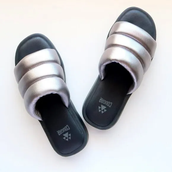 COUGAR Julep Silver Metallic Leather Water-repellent Puffy Slide Flat Sandals