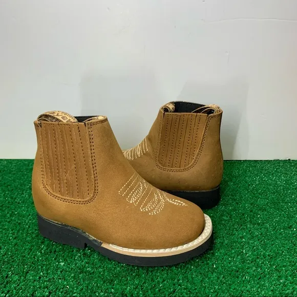 Cowboy Western kids Tan half boots genuine leather Botin Niño Tang Round Toe