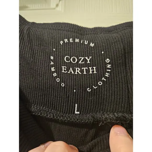 Cozy Earth Wide Leg Pull-On Lounge Pants  Ribbed Knit Bamboo Black Womens Large