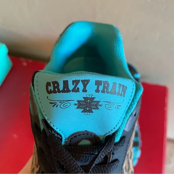 Crazy Train Leopard Turquoise Blue Black Tennis Shoes Lace Up Size 9 Sneakers