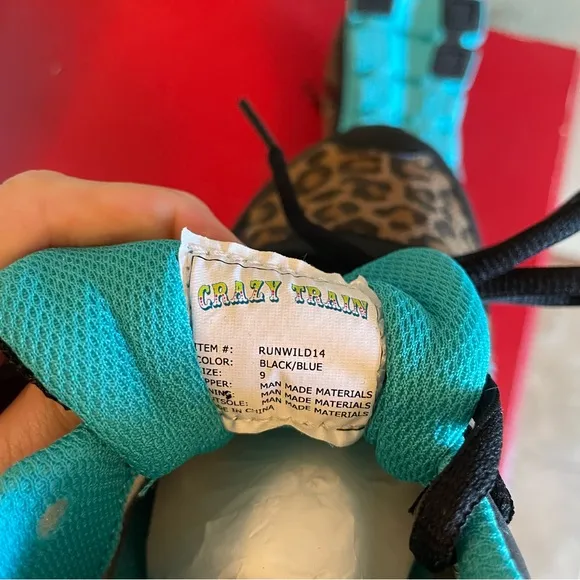 Crazy Train Leopard Turquoise Blue Black Tennis Shoes Lace Up Size 9 Sneakers