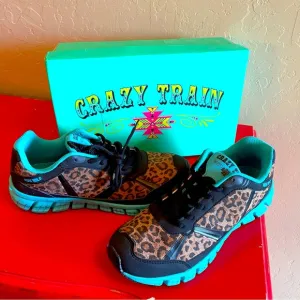 Crazy Train Leopard Turquoise Blue Black Tennis Shoes Lace Up Size 9 Sneakers