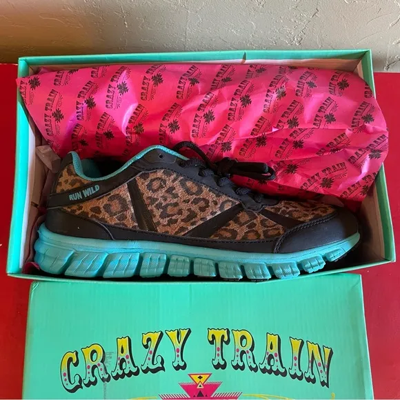 Crazy Train Leopard Turquoise Blue Black Tennis Shoes Lace Up Size 9 Sneakers