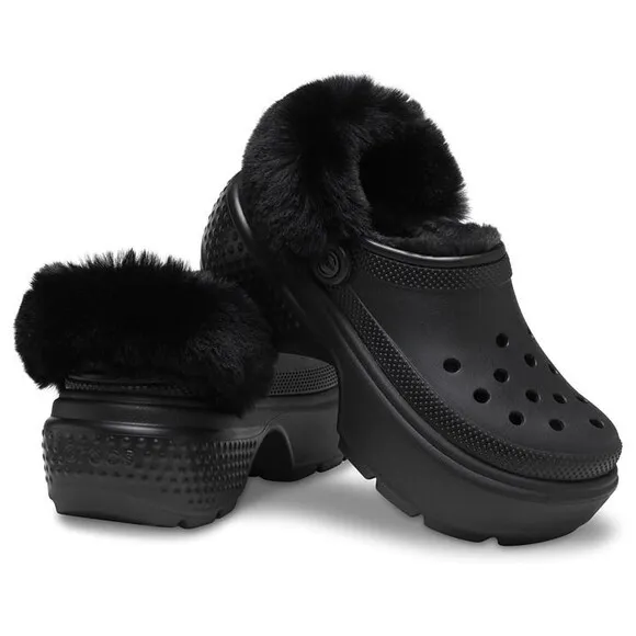 Crocs Stomp Lined Classic Clog Fuzzy Lined Slides Unisex Black Sz 38/7 NEW