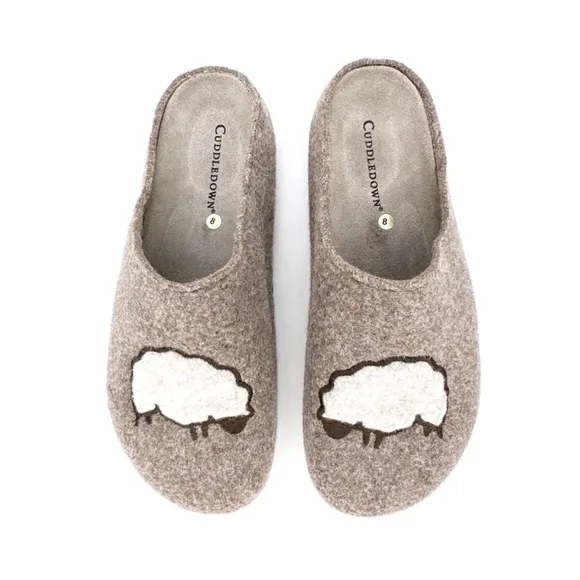 Cuddledown Slippers Felted Wool Size 8 Sheep Motif Slides Heathered  Brown EUC