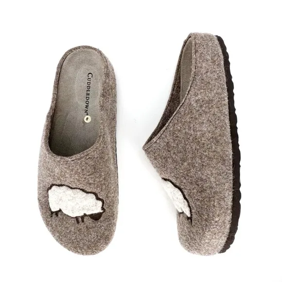 Cuddledown Slippers Felted Wool Size 8 Sheep Motif Slides Heathered  Brown EUC