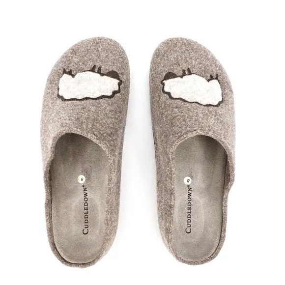 Cuddledown Slippers Felted Wool Size 8 Sheep Motif Slides Heathered  Brown EUC