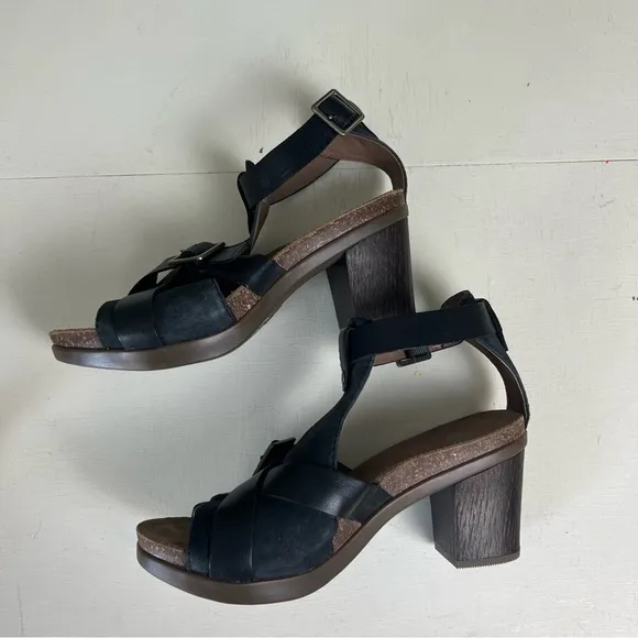 DANSKO- Dominique Sandal Black Espadrille Clog Leather Buckle