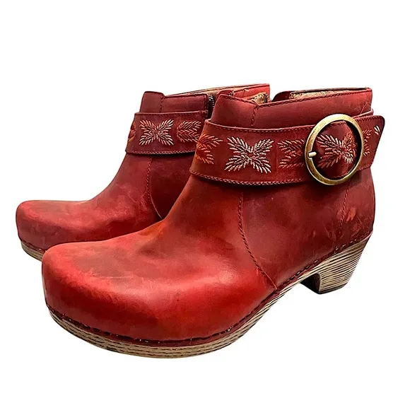 Dansko Mina Bootie Clogs Burgundy Red Ankle Booties with Wooden Heel Size 39