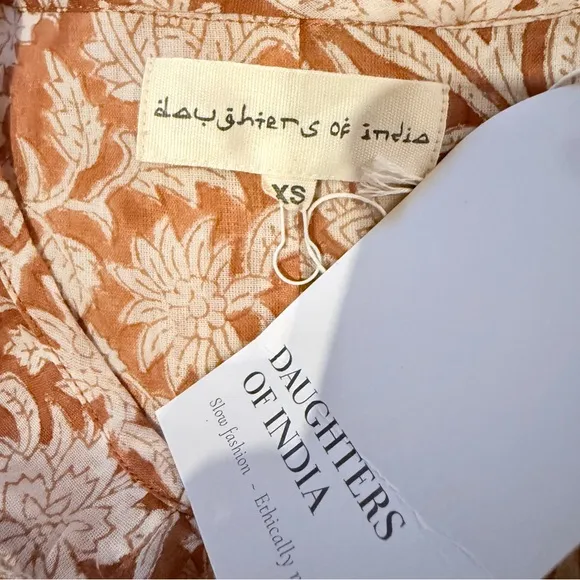 Daughters of India Kyra Half Sleeve Flowy Midi Floral Dress Sz XS in Caramel NEW