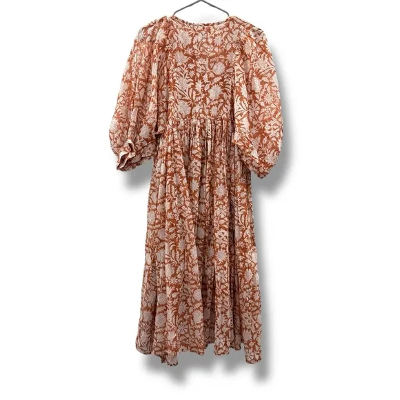 Daughters of India Kyra Half Sleeve Flowy Midi Floral Dress Sz XS in Caramel NEW