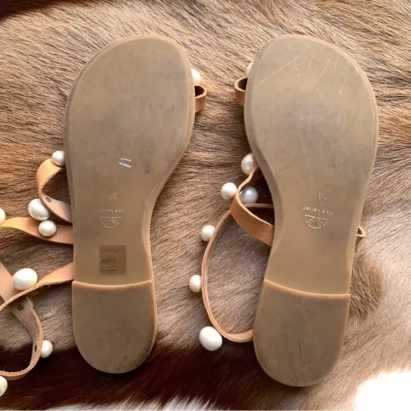 DEE KELLER leather brown tan sandals with faux beaded pearls flats size 38