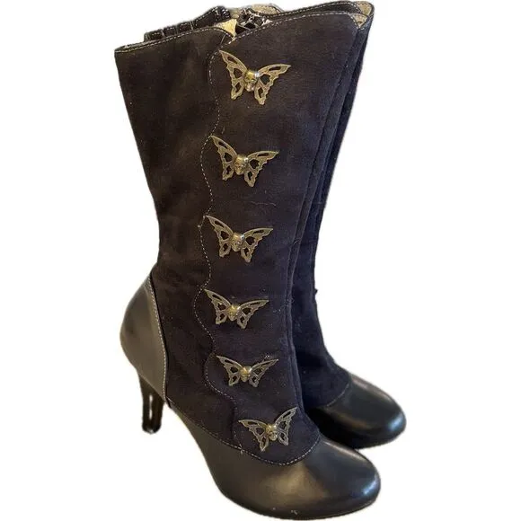 Demonia Women's Steampunk Skull &amp; Butterfly Boots Black Size 6.5 Mid-Calf