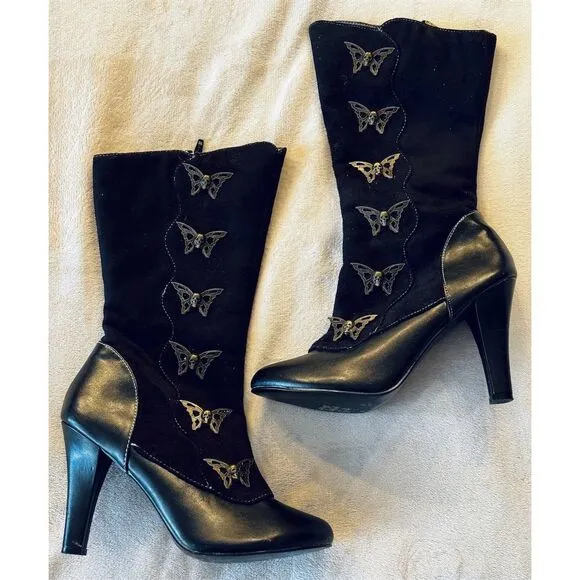 Demonia Women's Steampunk Skull &amp; Butterfly Boots Black Size 6.5 Mid-Calf