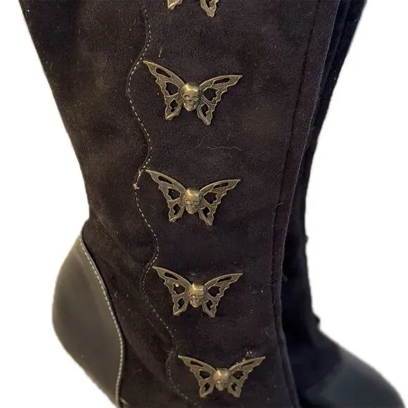Demonia Women's Steampunk Skull &amp; Butterfly Boots Black Size 6.5 Mid-Calf