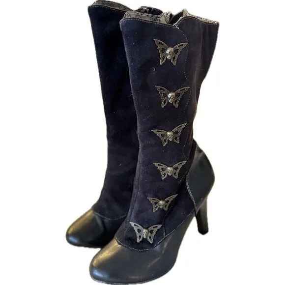 Demonia Women's Steampunk Skull &amp; Butterfly Boots Black Size 6.5 Mid-Calf