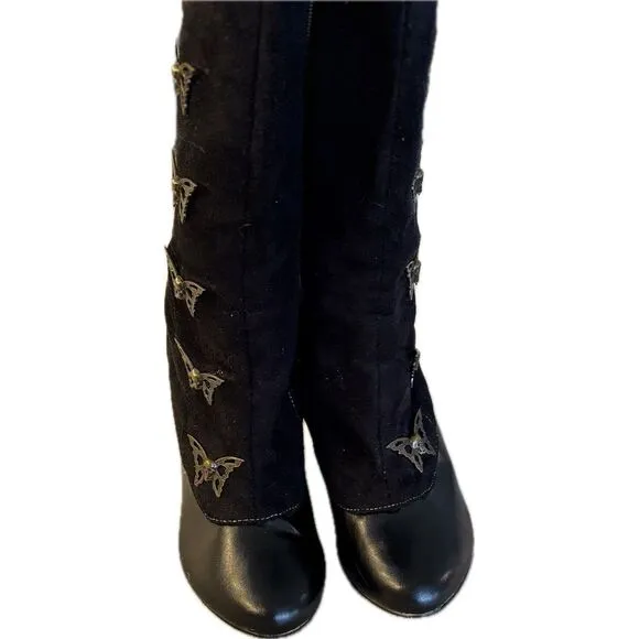 Demonia Women's Steampunk Skull &amp; Butterfly Boots Black Size 6.5 Mid-Calf