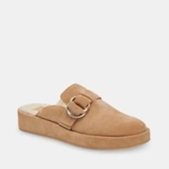 Dolce Vita Astor Plush Flats Suede Faux Fur Slip On Clogs Desert Beige Size 7.5