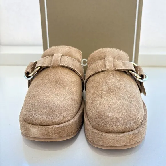 Dolce Vita Astor Plush Flats Suede Faux Fur Slip On Clogs Desert Beige Size 7.5