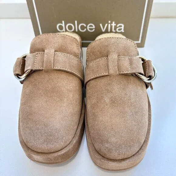 Dolce Vita Astor Plush Flats Suede Faux Fur Slip On Clogs Desert Beige Size 7.5