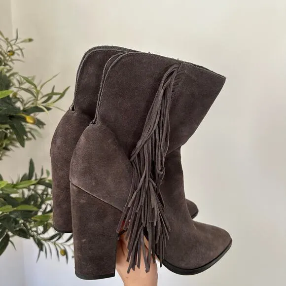 Dolce Vita Ileen Fringe Suede Pull On Pointed-Toe Heeled Boots Brown 10
