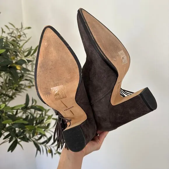Dolce Vita Ileen Fringe Suede Pull On Pointed-Toe Heeled Boots Brown 10