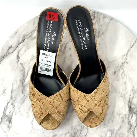 Donald J Pliner Couture Zip Peep Toe Cork Mule Pump 8.5 Narrow Coastal Grandma