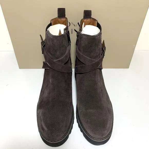 Donald Pliner Captain Boots Suede Buckled Lug Sole Booties Dark Brown Size 8 NEW