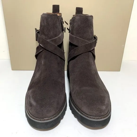 Donald Pliner Captain Boots Suede Buckled Lug Sole Booties Dark Brown Size 8 NEW