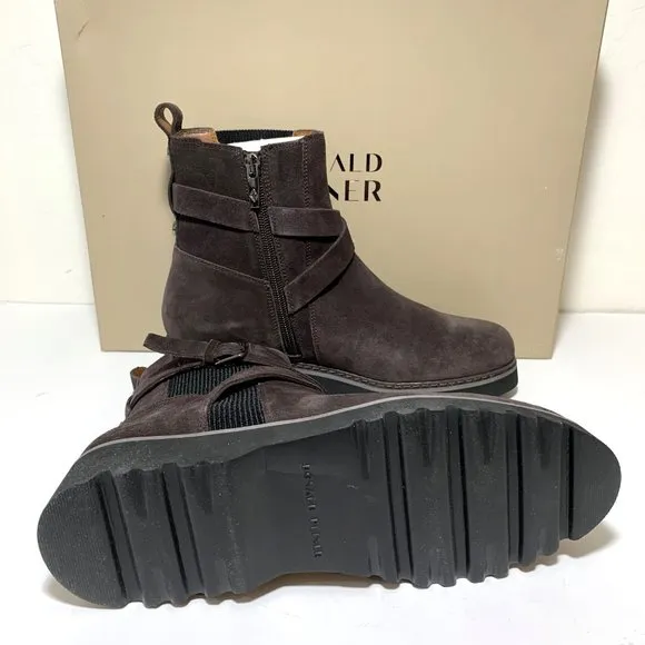 Donald Pliner Captain Boots Suede Buckled Lug Sole Booties Dark Brown Size 8 NEW