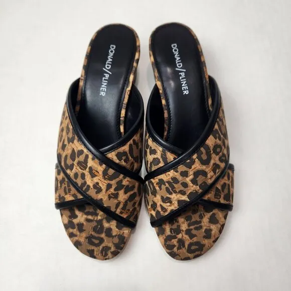 Donald Pliner Mally Mule Slide Womens 7 M Brown Black Leopard Cork Block Heel