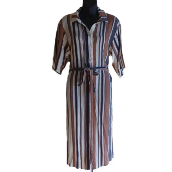 DRESS Forum Los Angeles  striped belted midi length shirt dress. Size small.