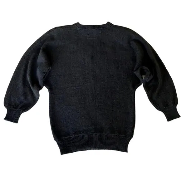 Eddie Dassin 80s Black Knit Animal Print Stud Appliqué Sweater Shoulder Pads M