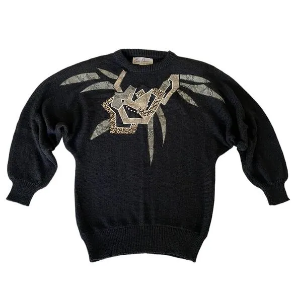 Eddie Dassin 80s Black Knit Animal Print Stud Appliqué Sweater Shoulder Pads M