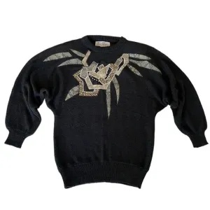 Eddie Dassin 80s Black Knit Animal Print Stud Appliqué Sweater Shoulder Pads M