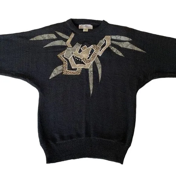 Eddie Dassin 80s Black Knit Animal Print Stud Appliqué Sweater Shoulder Pads M