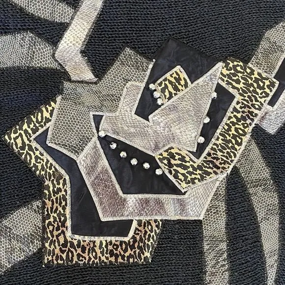 Eddie Dassin 80s Black Knit Animal Print Stud Appliqué Sweater Shoulder Pads M