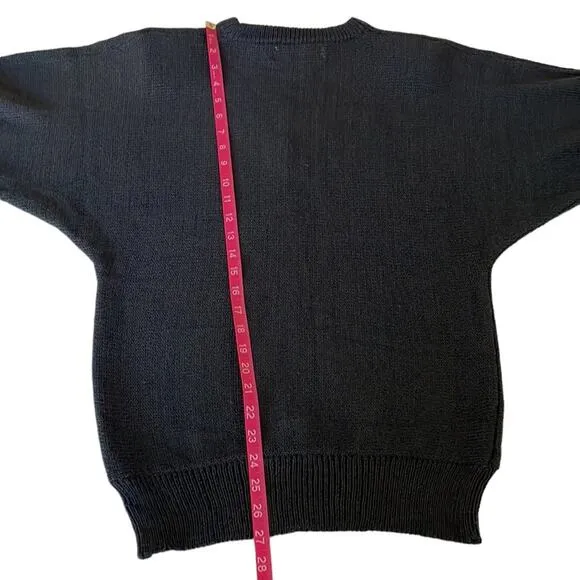 Eddie Dassin 80s Black Knit Animal Print Stud Appliqué Sweater Shoulder Pads M
