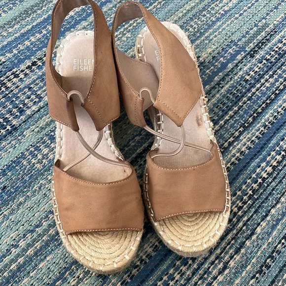 Eileen Fisher Agnes Leather Espadrille Wedge Sandals size 7