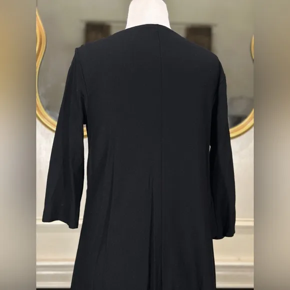 Eileen Fisher Black Twist Front Knit Dress M Minimalist Stretch Jersey Midi USA