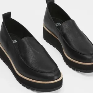 Eileen Fisher Ells Smooth Leather Loafer Wedge Black Slip-On