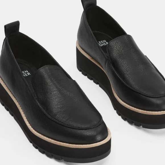 Eileen Fisher Ells Smooth Leather Loafer Wedge Black Slip-On