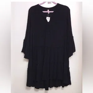 Elan Black Tiered Dress Size M Flowy Boho Bell Sleeve Chic Summer Fall Festival