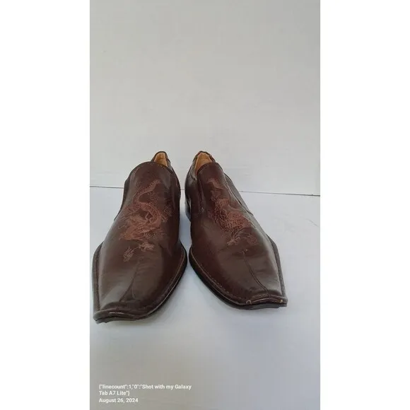Elegant Brown Leather Slip-On‎ Dress Shoes with Embroidered Detail Square Toe