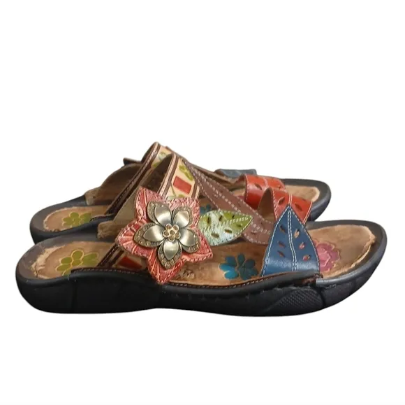 Elite Open-Toe Painted Leather Sandals Women's Strappy Floral Sandals Size 6