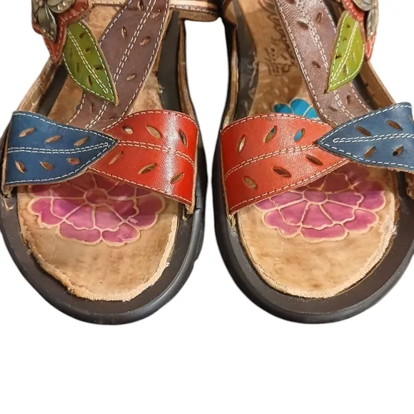 Elite Open-Toe Painted Leather Sandals Women's Strappy Floral Sandals Size 6