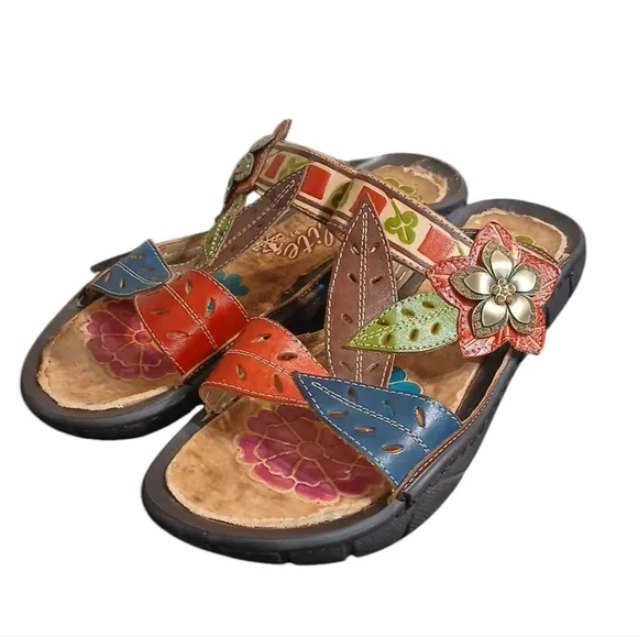 Elite Open-Toe Painted Leather Sandals Women's Strappy Floral Sandals Size 6