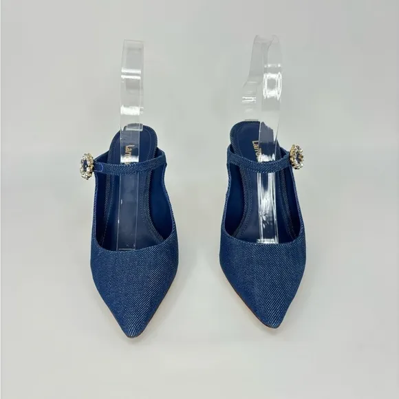 EUC Larroude Candy Pumps High Heels in Denim Blue with Jewel Buckle, Size 6.5