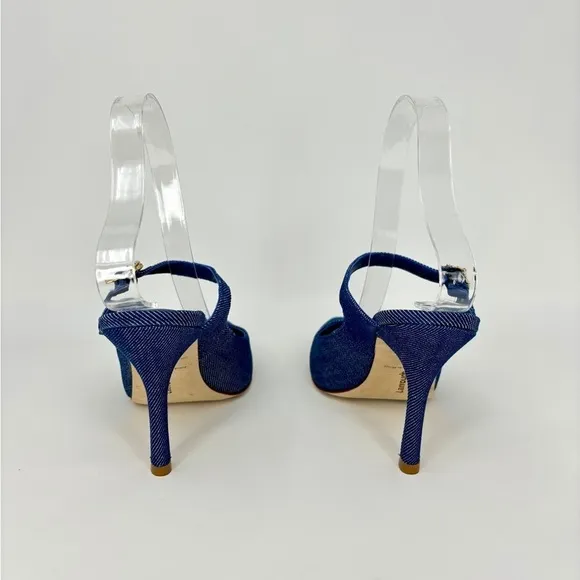 EUC Larroude Candy Pumps High Heels in Denim Blue with Jewel Buckle, Size 6.5