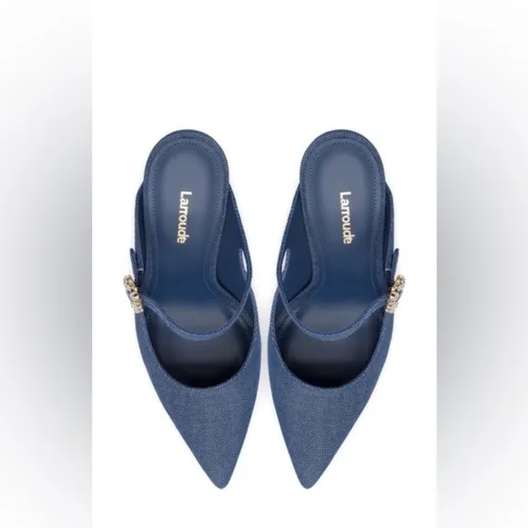 EUC Larroude Candy Pumps High Heels in Denim Blue with Jewel Buckle, Size 6.5